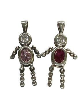 Unmarked Silver Birthstone Kid Child Pendants With Pink & Red Stones